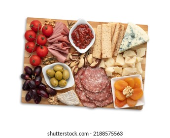 Appetizer Board With Cheese, Nuts, Fruits, Toasts And Charcuterie Isolated Over White Background.