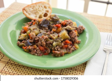 Appetizer Dish Of Vegetable Stew. Stewed Eggplant, Minced Meat, Carrots, Peppers, Onion Squid