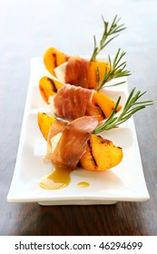 Appetizer With Grilled Peach, Ham And Goat Cheese