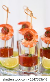 Appetizer Of Shish Kebab With Shrimps And Chorizo Sausages With Barbecue Sauce In A Glass