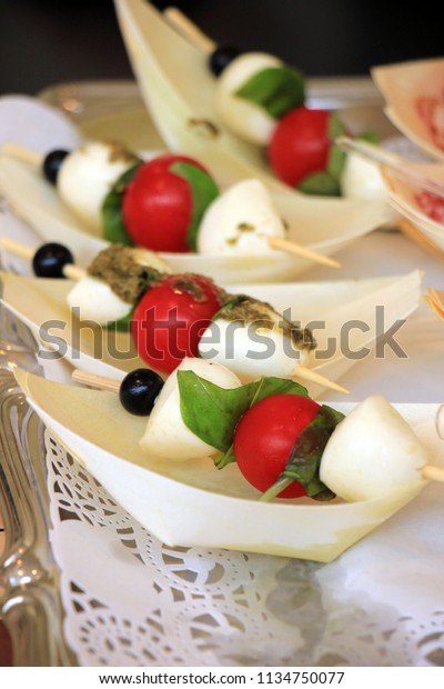 Appetizer Wedding Reception Wooden Skewers Cherry Stock Photo