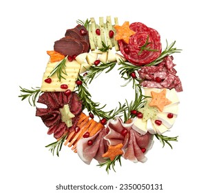 Appetizers boards with assorted cheese, meat, grape and nuts. Charcuterie and cheese platter. Top view. Isolated on white. Christmas wreath - Powered by Shutterstock