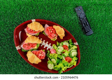 Appetizers On The Plate With Tv Remote Controller For The Football Party. Top View.