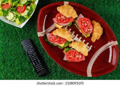 Appetizers On The Plate With Tv Remote Controller For The Football Party. Top View.