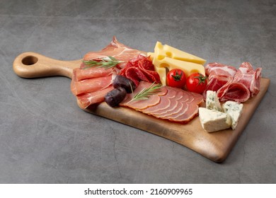 Appetizers Table With Different Antipasti, Charcuterie, Snacks And Cheese. Buffet Party. Top View, Copy Space, Negative Space. 