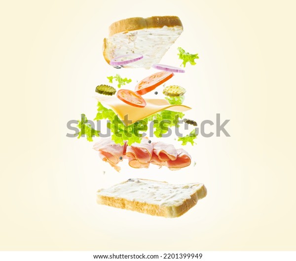Appetizing\
American sandwich with organic products - vegetables, herbs, cheese\
and meat in a frozen flight on a light background. Minimalism.\
Cafe, restaurant, hotel. Banner,\
advertising.
