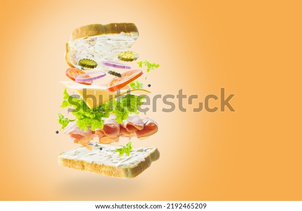 Appetizing burger from organic products - meat,\
vegetables, herbs and cheese in a frozen flight on an orange\
background. Healthy lifestyle, healthy products. There is free\
space to insert.