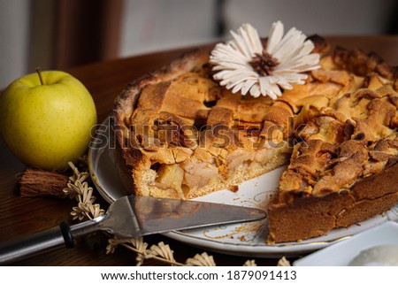 Image, Stock Photo Apple pie in flower shape on wooden table