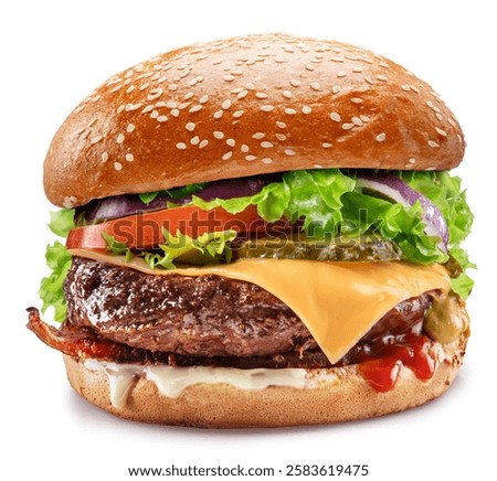 Appetizing hamburger or cheeseburger with two patties close up on white background. File contains clipping path.