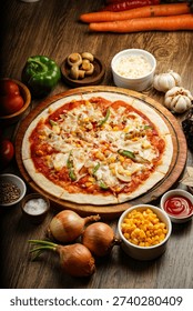 Appetizing pizza surrounded by various toppings and ingredients on a rustic wooden, perfect for food-related content
