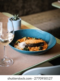 Appetizing Plate Featuring Panseared Salmon Atop Rich Creamy Risotto Garnished