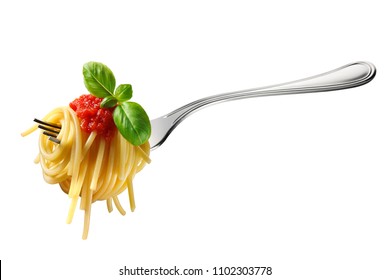 Appetizing spaghetti rolled on fork with typical Italian sauce