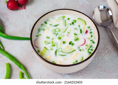 Appetizing Traditional Russian Cold Soup With Vegetables And Kefir In A Bowl. Homemade Food.