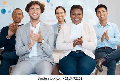 Applause, Achievement And Business People Or Audience In A Seminar, Workshop Meeting For Finance, Marketing And Diversity. Corporate Team Portrait For Celebration Of Financial Update And Company Goal