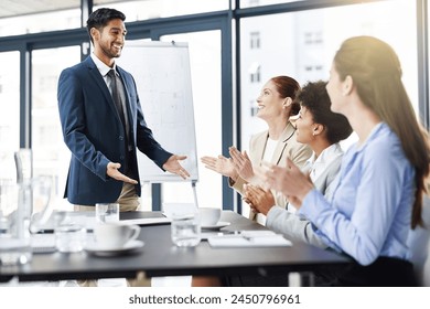 Applause, business people and meeting for support at presentation, architect group with speaker and praise. Planning, construction project and team building with pride, feedback and success in office - Powered by Shutterstock