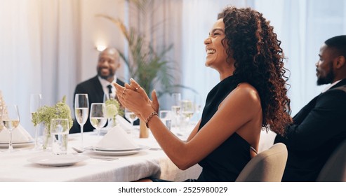 Applause, champagne and people at party for celebration, social event and gathering. Glass, drinks and men and women with liquor for cheers, toast and speech at gala, new years eve or wedding dinner - Powered by Shutterstock