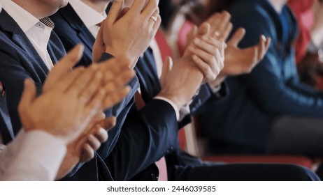 Applause crowd manager conference applaud product close up active clap hand congratulate colleague. Many men clap applauding award businessmen excellent job. Vivid emotion audience conference applause - Powered by Shutterstock