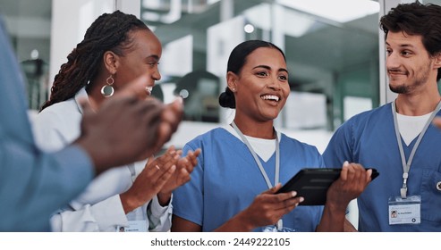 Applause, medical people and woman with tablet or celebration for research, diagnosis and support in hospital. Healthcare staff, collaboration or nurse with tech, clapping or happy with results - Powered by Shutterstock