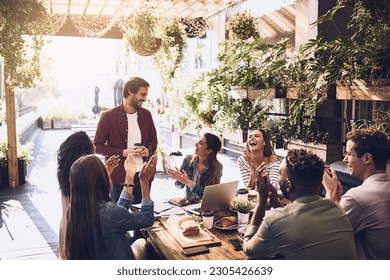 Applause, restaurant and business people in lunch meeting for discussion, planning and profit goal. Cafe, teamwork success and men and women clapping for winning, collaboration and achievement - Powered by Shutterstock