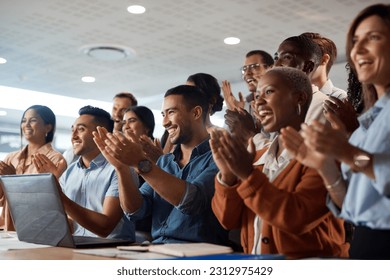 Applause, support and success with a business team clapping as an audience at a conference or seminar. Meeting, wow and motivation with a group of colleagues or employees cheering on an achievement