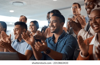 Applause, support and wow with a business team clapping as an audience at a conference or seminar. Meeting, motivation and award with a group of colleagues or employees cheering on an achievement - Shutterstock ID 2313863433