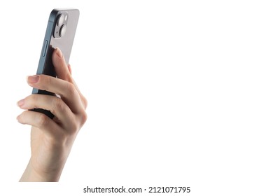 Apple 13 Smartphone Mobile In Hand Isolated On White Background With Cameras Back Side, Russia, Moscow, February 4, 2022