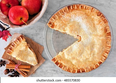 Apple Autumn Pie, Overhead Scene With Cut Slice On Marble Background