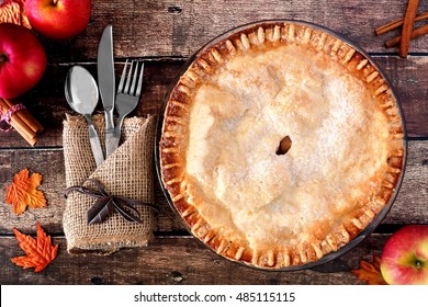 Apple Autumn Pie, Overhead Table Scene On A Rustic Wooden Background