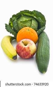 Apple, Banana, Cucumber, Orange, Cabbage Representing Five Fruits And Vegtables Recommended Each Day For A Healthy Lifestyle