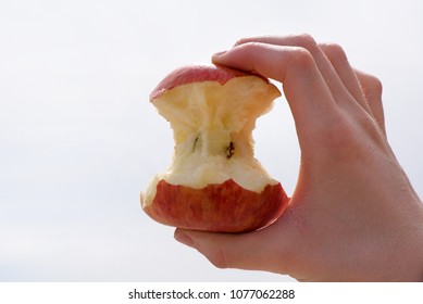 Apple bitten to its core raised against a bright summer sky. Symbol of progress and sacrifice nature has to make for man made progress. Religious symbol of Adam and Eve with original sin. - Powered by Shutterstock