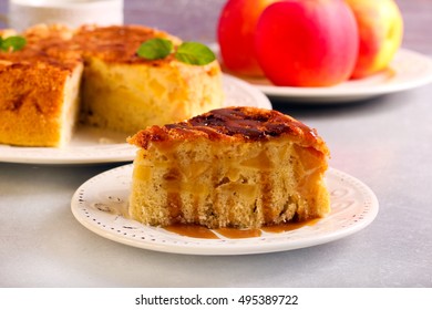 Apple Cake With Caramel Sauce, Served On Plate