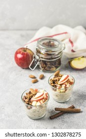 Apple Cinnamon Overnight Oats. Selective Focus,space For Text.