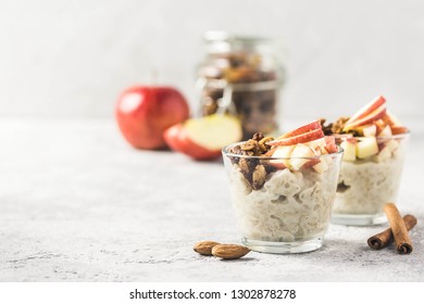 Apple Cinnamon Overnight Oats. Selective Focus,space For Text.