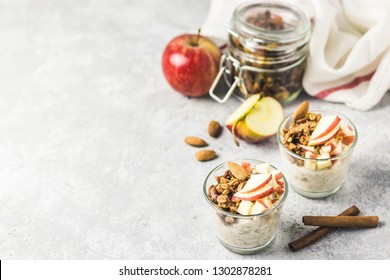 Apple Cinnamon Overnight Oats. Selective Focus,space For Text.
