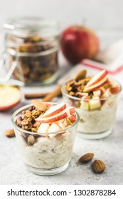 Apple Cinnamon Overnight Oats. Selective Focus,space For Text.