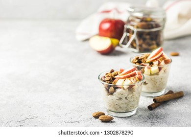 Apple Cinnamon Overnight Oats. Selective Focus,space For Text.