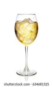 Apple Cocktail With A Sparkling Wine With Ice Cubes In Wine Glass Isolated On White