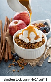 Apple Crisp With Vanilla Ice Cream With Caramel Sauce Pouring Over - Homemade Fall Dessert