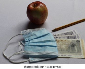 Apple, Disposable Mask, Pencil And Danish Money For Back To School