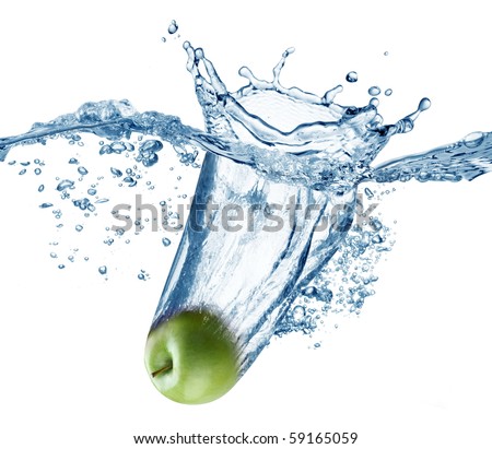 Apple falls deeply under water with a big splash.