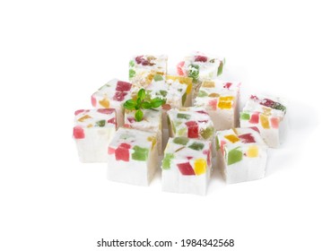 Apple  Gelatin Dessert Sugar Free Pastila Marshmallow Cubes Isolated On White 