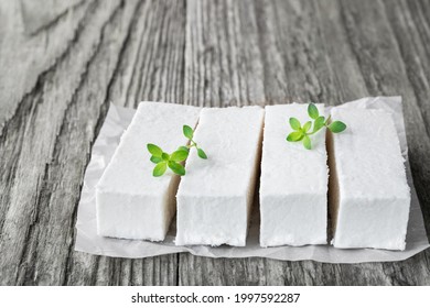 Apple  Gelatin Dessert Sugar Free Pastila Marshmallow Slices On Wooden Table 