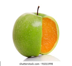 Apple with inside orange texture on white.