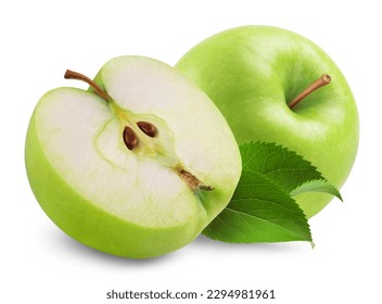 Apple isolated. Ripe green apple and half of an apple on a white background.