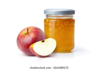 Apple jam in glass jar with red apple fruit isolated on white background.