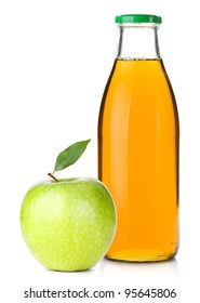 Apple Juice In A Glass Bottle And Ripe Apple. Isolated On White Background