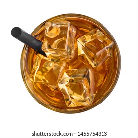 Apple Juice With Ice And Drinking Straw Isolated On White Background, Top View