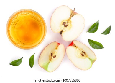 Apple With Juice And Leaves Isolated On White Background Top View. Flat Lay Pattern