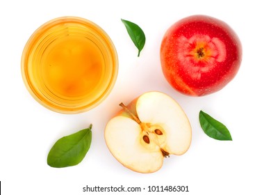 Apple With Juice And Leaves Isolated On White Background Top View. Flat Lay Pattern