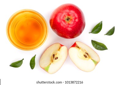 Apple With Juice And Leaves Isolated On White Background Top View. Flat Lay Pattern